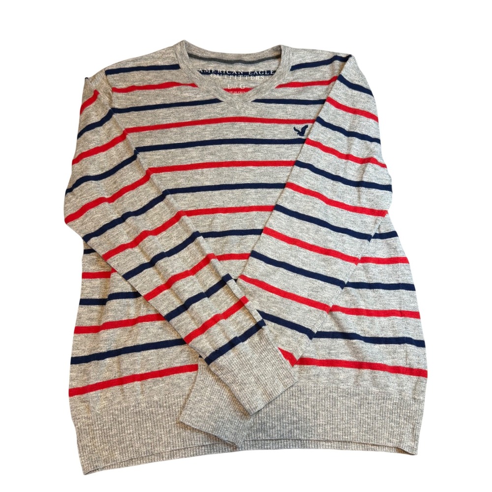 American Eagle Mens V-Neck Sweater Large Y2K Red Blue Striped Cotton Knit L